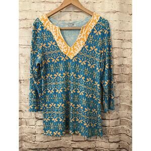 Ava Lynn Top Womens‎ Large Tunic Turquoise Medallion Print Long Sleeve Stretch